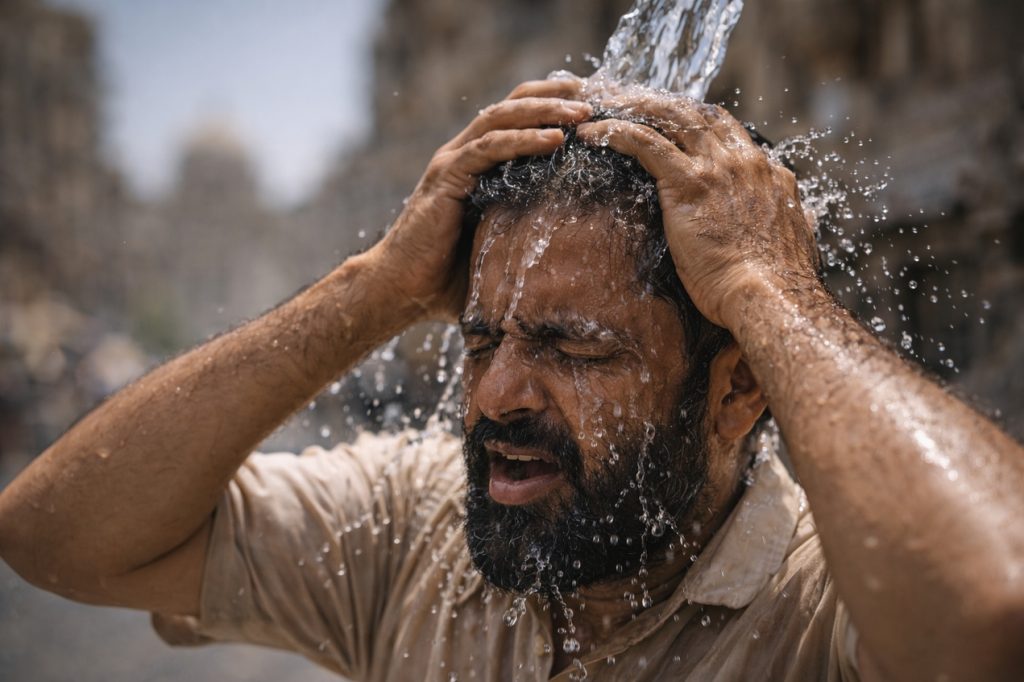 Egy férfi egy vízzel hűti magát a pakisztáni Karacsiban a hőhullám alatt.